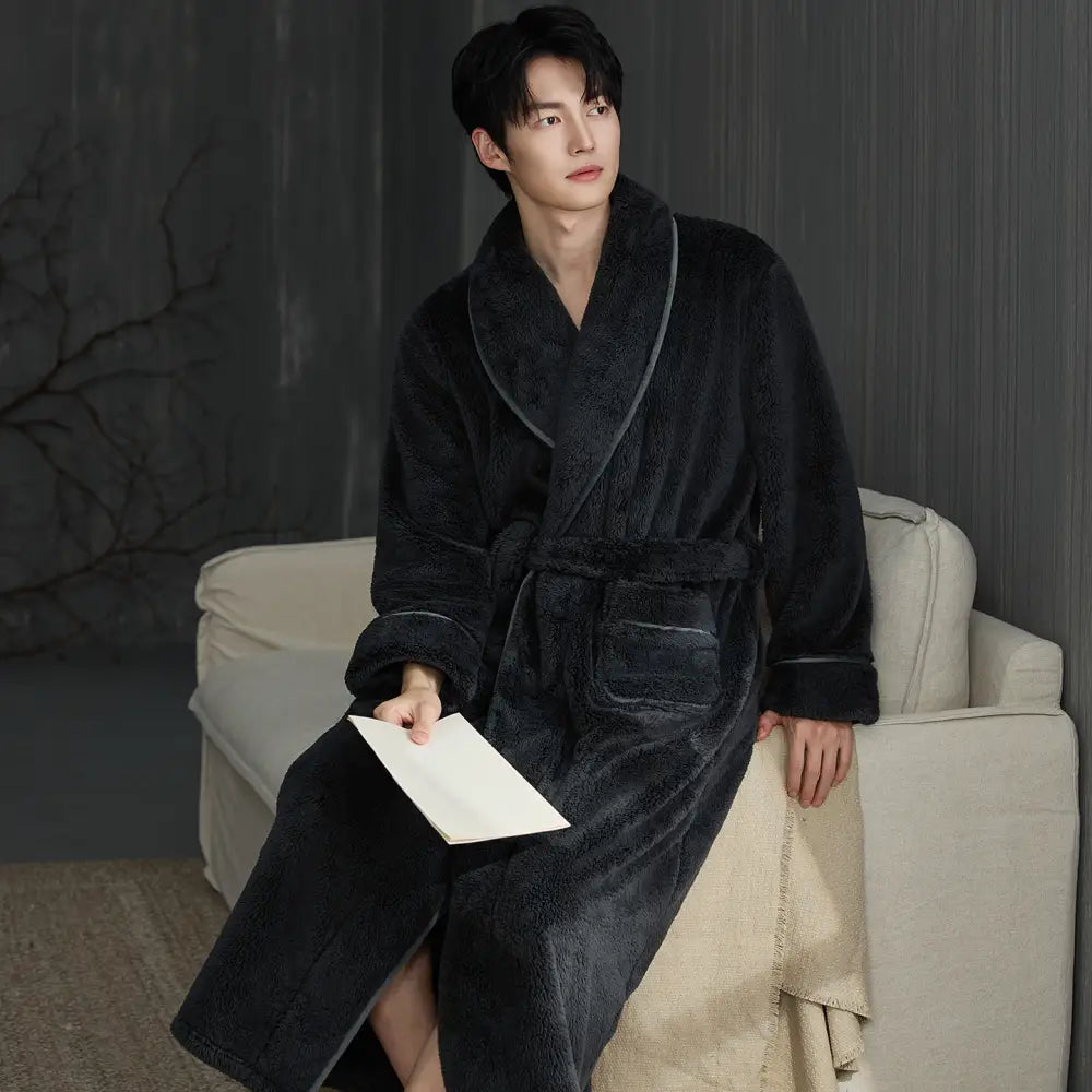 メンズ ローブ パジャマ 厚手 冬用 コーラルフリース 保温 バスローブ メンズ 秋冬 長丈 フランネル ルームウェア ID3019 ブラック / XL