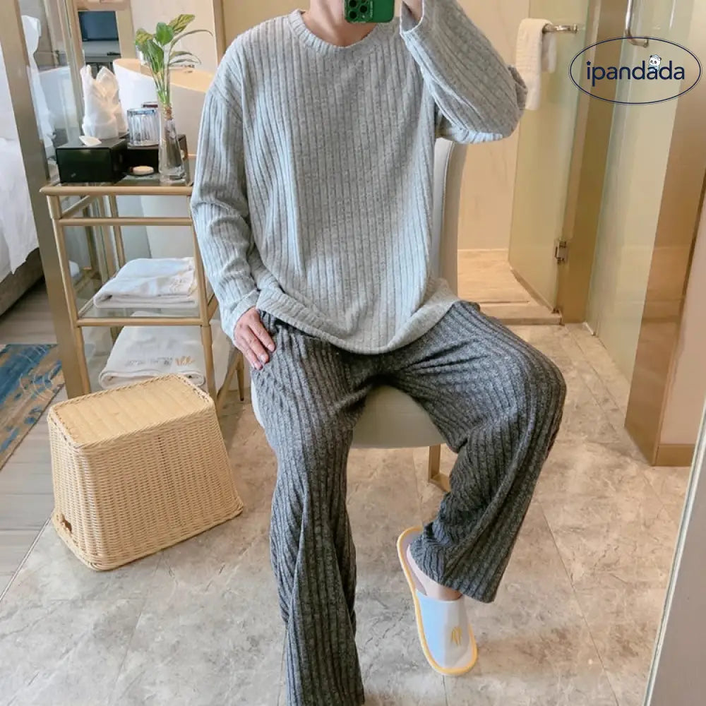 メンズ ルームウェア 綿混 あったか パジャマ 冬 冬用 暖か 保温 ニット 綿混 長袖 長パンツ 男性 部屋着 寝間着 セットアップ メンズ＞セットアップ