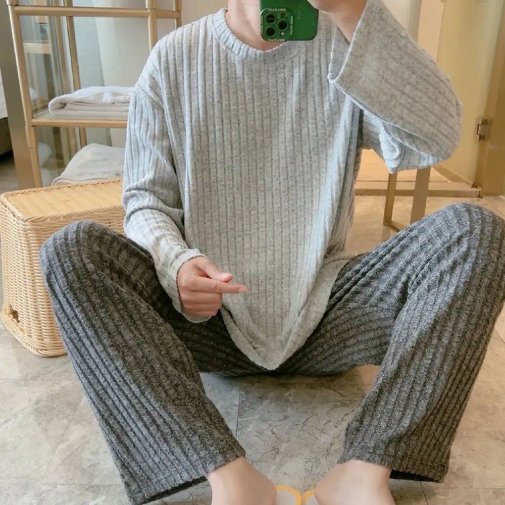 メンズ ルームウェア 綿混 あったか パジャマ 冬 冬用 暖か 保温 ニット 綿混 長袖 長パンツ 男性 部屋着 寝間着 セットアップ グレー / M メンズ＞セットアップ
