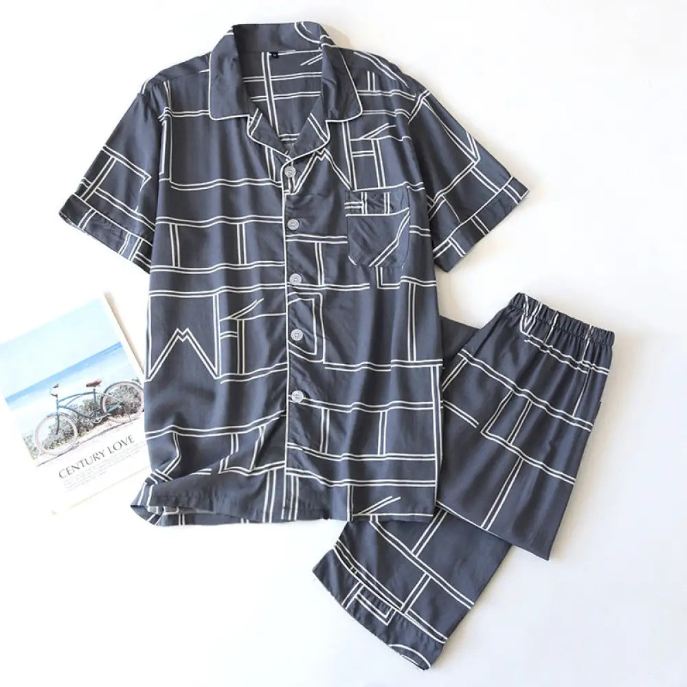 ID964 メンズ 夏 パジャマ セット 幾何模様 父の日 プレゼント シルク風 薄手 ルームウェア 半袖 長ズボン ビッグサイズ ゆったり 通気性 涼感 吸汗速乾 ギフトボックス対応 グレー / M メンズ＞セットアップ