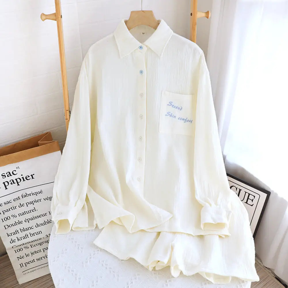 ID700 綿 二重ガーゼ パジャマセット 春 夏 新作 長袖 無地 ボーイフレンド スタイル ルームウェア シンプル ゆったり 吸汗 2点セット ベージュ / M メンズ＞セットアップ