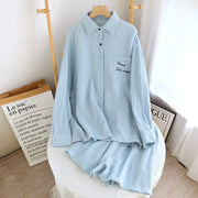 ID700 綿 二重ガーゼ パジャマセット 春 夏 新作 長袖 無地 ボーイフレンド スタイル ルームウェア シンプル ゆったり 吸汗 2点セット ブルー / M メンズ＞セットアップ