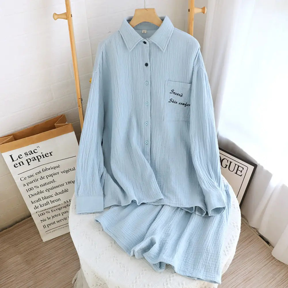 ID700 綿 二重ガーゼ パジャマセット 春 夏 新作 長袖 無地 ボーイフレンド スタイル ルームウェア シンプル ゆったり 吸汗 2点セット ブルー / M メンズ＞セットアップ
