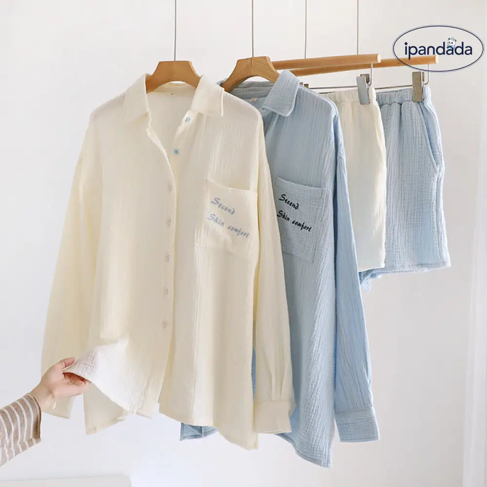 ID700 綿 二重ガーゼ パジャマセット 春 夏 新作 長袖 無地 ボーイフレンド スタイル ルームウェア シンプル ゆったり 吸汗 2点セット メンズ＞セットアップ