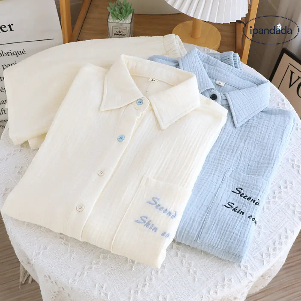 ID700 綿 二重ガーゼ パジャマセット 春 夏 新作 長袖 無地 ボーイフレンド スタイル ルームウェア シンプル ゆったり 吸汗 2点セット メンズ＞セットアップ