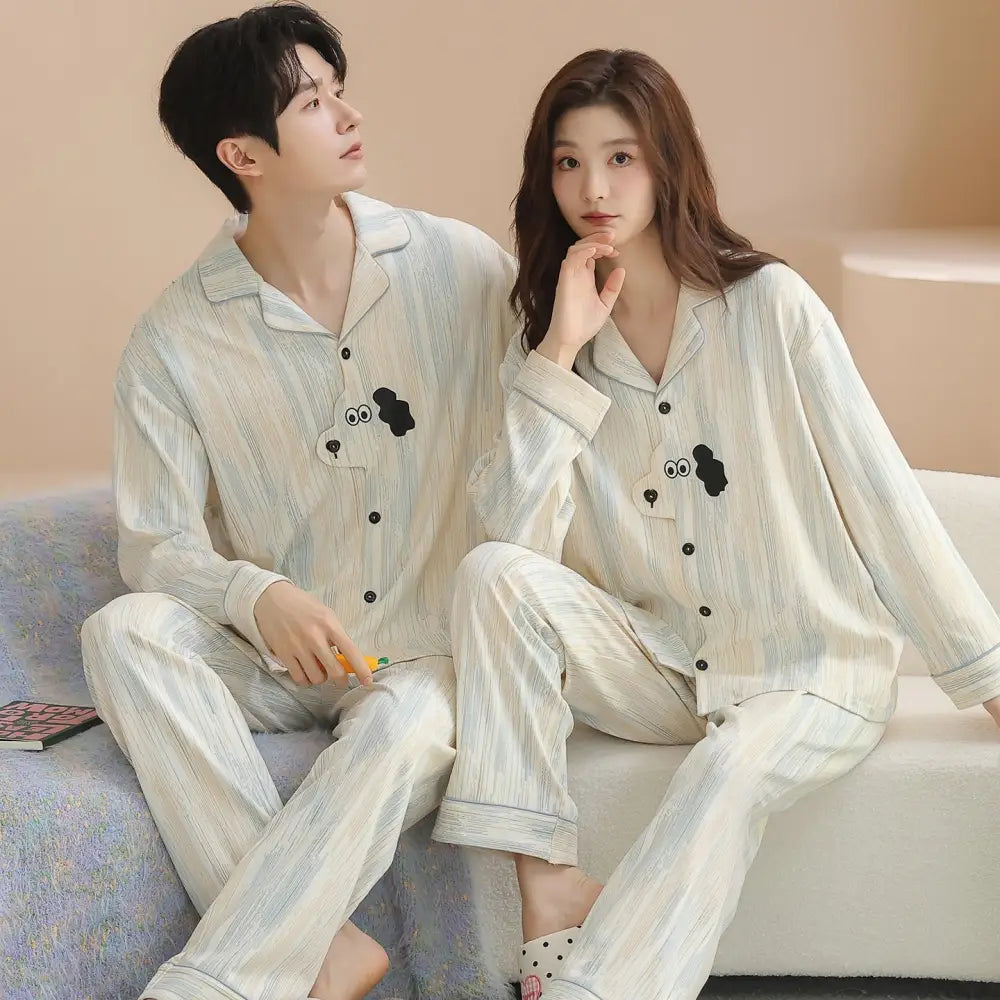 綿 カップル パジャマ 春秋 長袖 男女 カートゥーン かわいい カジュアル ルームウェア セット 全綿 ID2714 タイプ① / レディースＭ