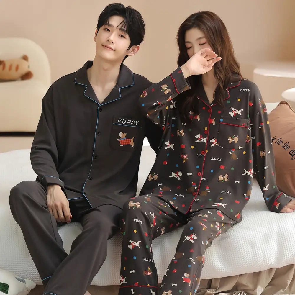 綿 カップル パジャマ 春秋 長袖 男女 カートゥーン かわいい カジュアル ルームウェア セット 全綿 ID2714 タイプ⑤ / レディースＭ