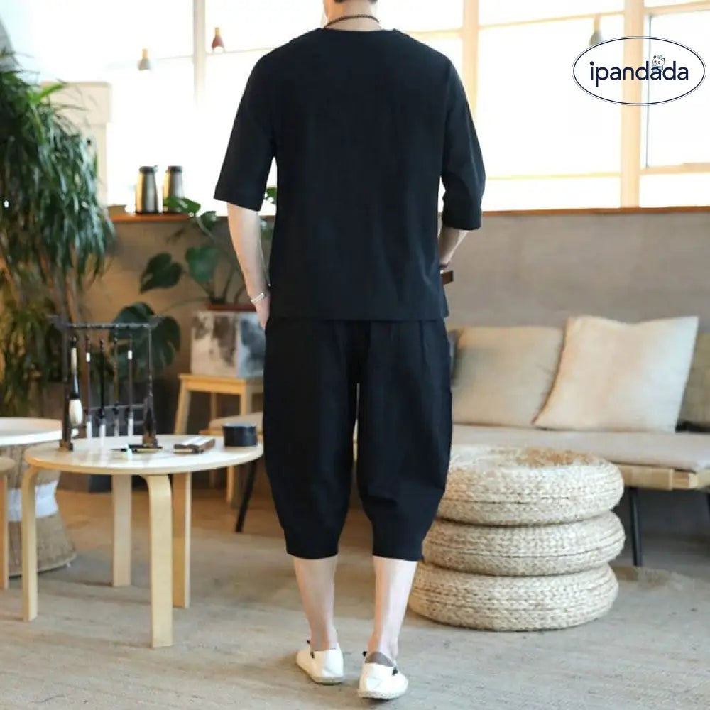 綿麻上下セット セットアップ リネン メンズ ワイドパンツ サルエルパンツ 上下セット ルームウェア 半袖 薄手 Tシャツ パンツ 部屋着 プレゼント ギフト 敬老の日 ID2094