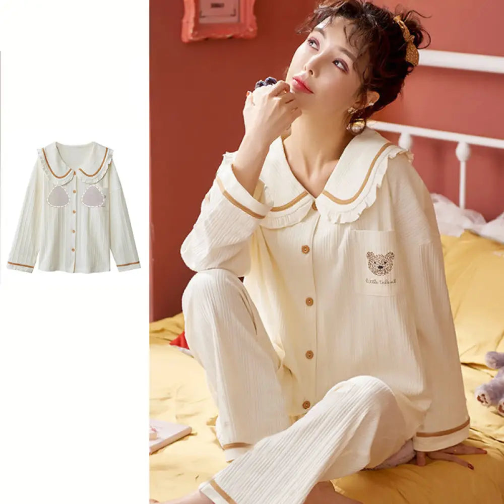 綿 パジャマセット 長袖 長ズボン シンプル ゆったり夏 秋 薄手 部屋着 女性用 M～3XL 4色 胸当てパッド付き ID1889 ホワイト胸当てパッド付き / M レディース>セットアップ
