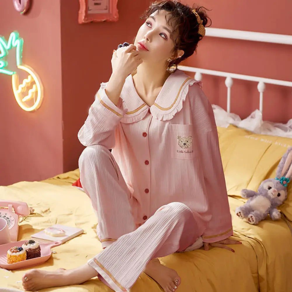 綿 パジャマセット 長袖 長ズボン シンプル ゆったり夏 秋 薄手 部屋着 女性用 M～3XL 4色 胸当てパッド付き ID1889 ピンク / M レディース>セットアップ