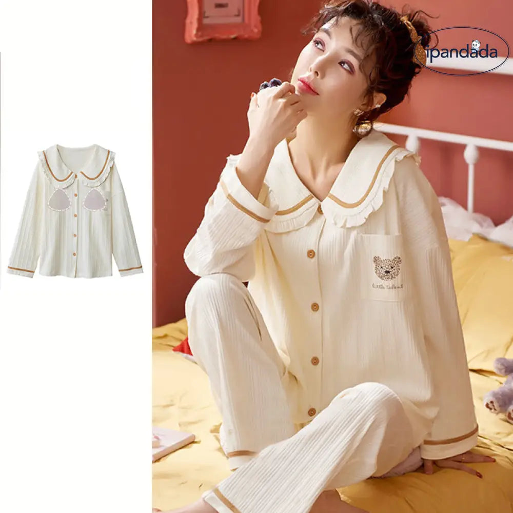 綿 パジャマセット 長袖 長ズボン シンプル ゆったり夏 秋 薄手 部屋着 女性用 M～3XL 4色 胸当てパッド付き ID1889