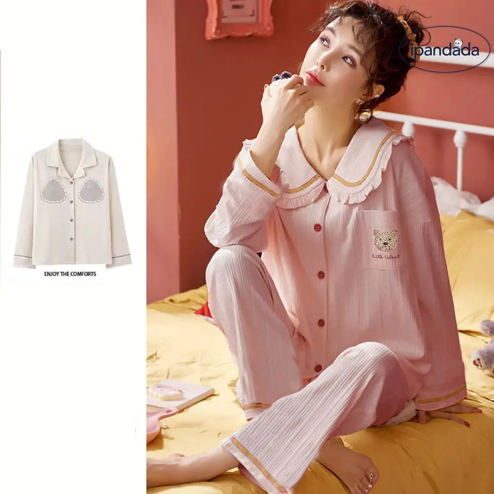 綿 パジャマセット 長袖 長ズボン シンプル ゆったり夏 秋 薄手 部屋着 女性用 M～3XL 4色 胸当てパッド付き ID1889