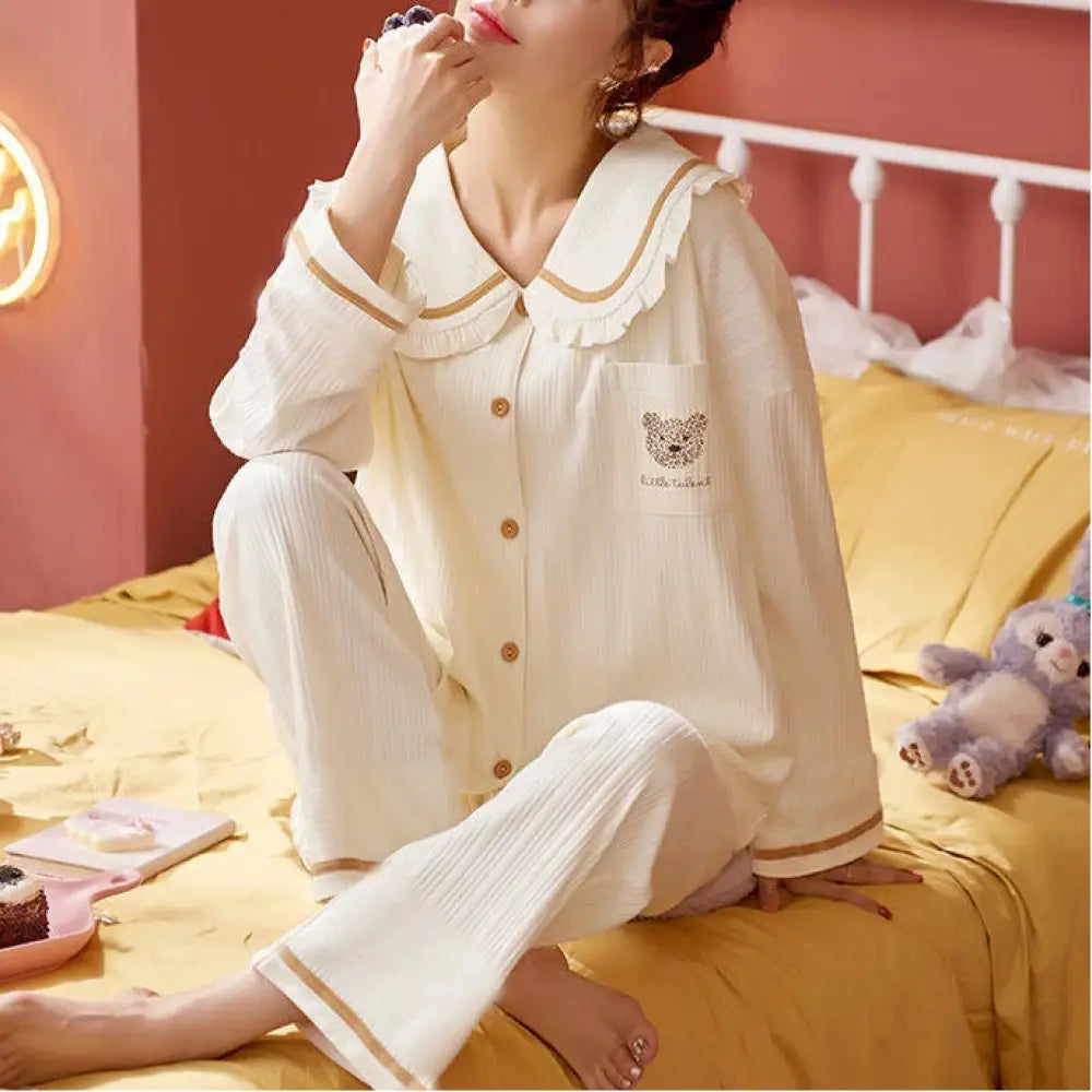 綿 パジャマセット 長袖 長ズボン シンプル ゆったり夏 秋 薄手 部屋着 女性用 M～3XL 4色 胸当てパッド付き ID1889