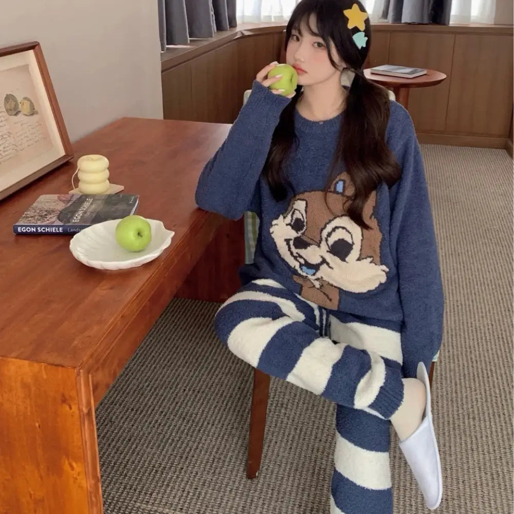 秋冬 ふわふわ 厚手 ゆったり カップル ルームウェア パジャマ セット ID3065 ネイビー / レディースフリー