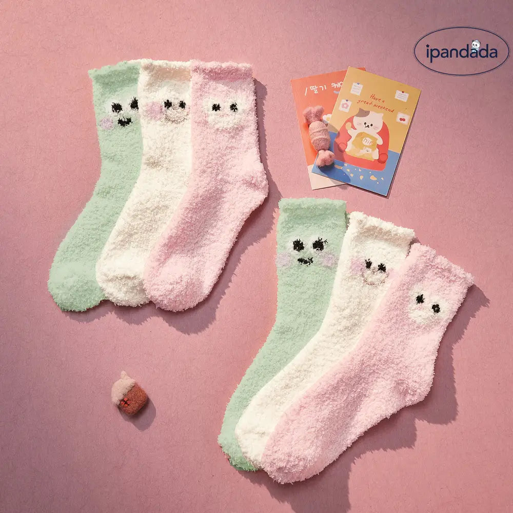 ミドルソックス レディース 冬用 フリース 保温 新作 可愛い レディース ソックス セット 暖かい あったか クリスマスプレゼント ID3159 ホワイト+ピンク＋グリーン / フリー インテリア雑貨＞ファッション雑貨