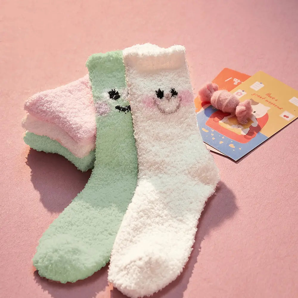 ミドルソックス レディース 冬用 フリース 保温 新作 可愛い レディース ソックス セット 暖かい あったか クリスマスプレゼント ID3159 ホワイト+ピンク＋グリーン / フリー インテリア雑貨＞ファッション雑貨
