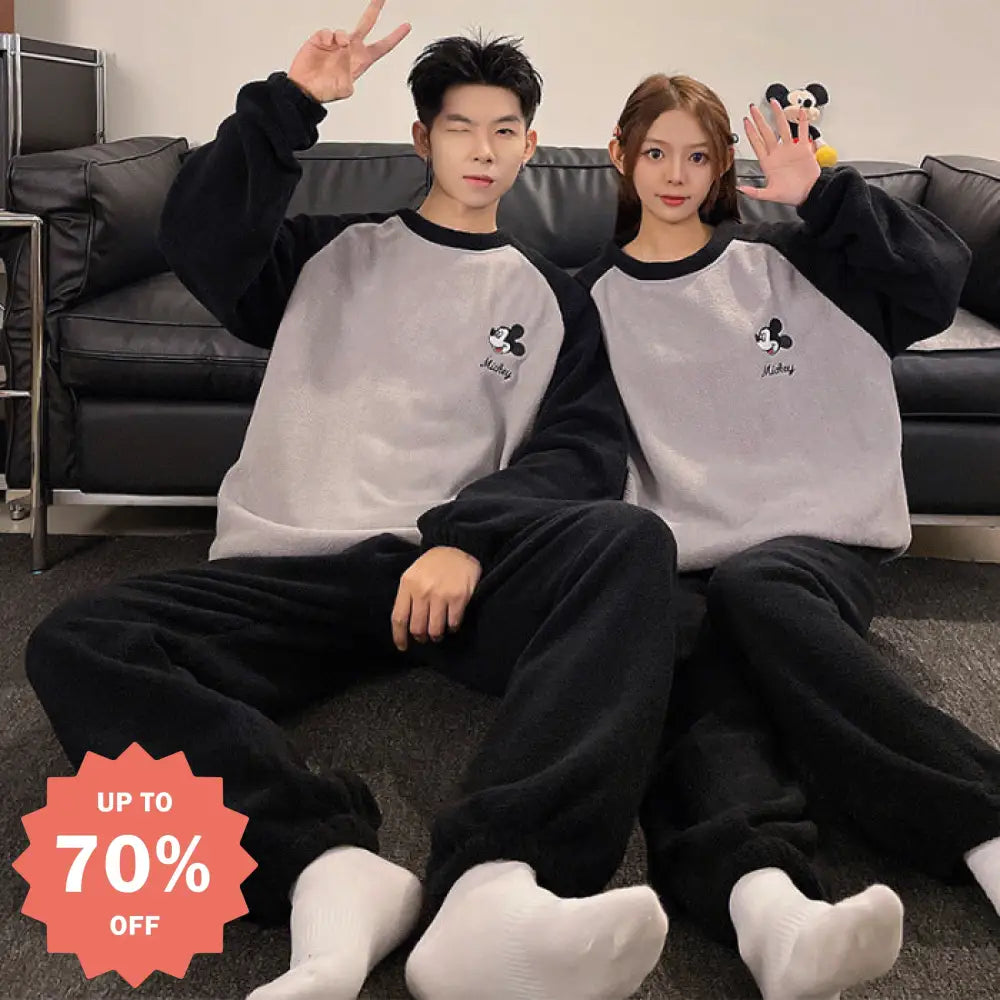 ミッキー カップル パジャマ ビーズファー ラウンドネック 甘い キャラクター フリース裏起毛 厚手 珊瑚フリース 保温 外出可 セットアップ 暖かい 柔らかい ID2695