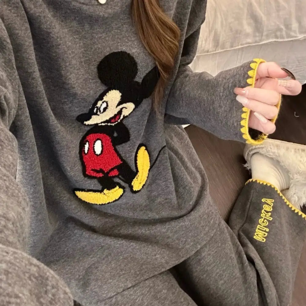 ミッキー プリント パジャマ セット 上下セット 新作 長袖 長ズボン ルームウェア 女子 部屋着 かわいい 2点セット ID4056 グレー / S レディース＞セットアップ