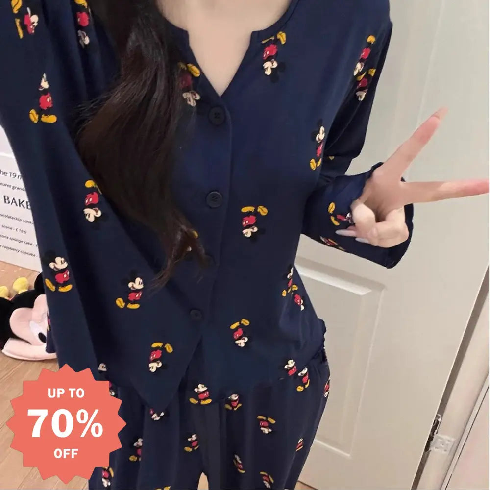 ミッキー プリント Vネック カーディガン パジャマ セット 春秋 長袖 長ズボン ルームウェア ティーン 少女 2点セット かわいい ID4035 ネイビー / M