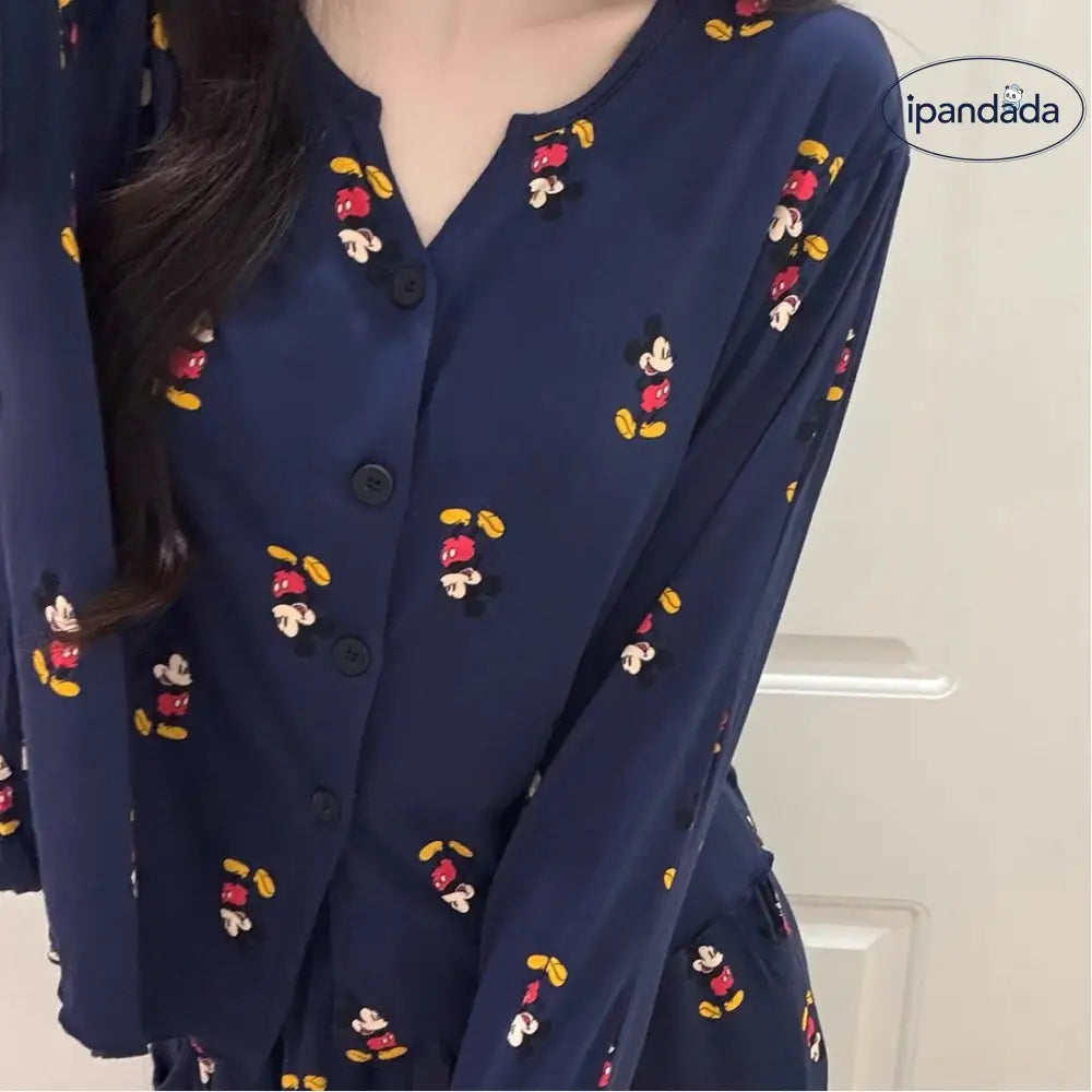 ミッキー プリント Vネック カーディガン パジャマ セット 春秋 長袖 長ズボン ルームウェア ティーン 少女 2点セット かわいい ID4035