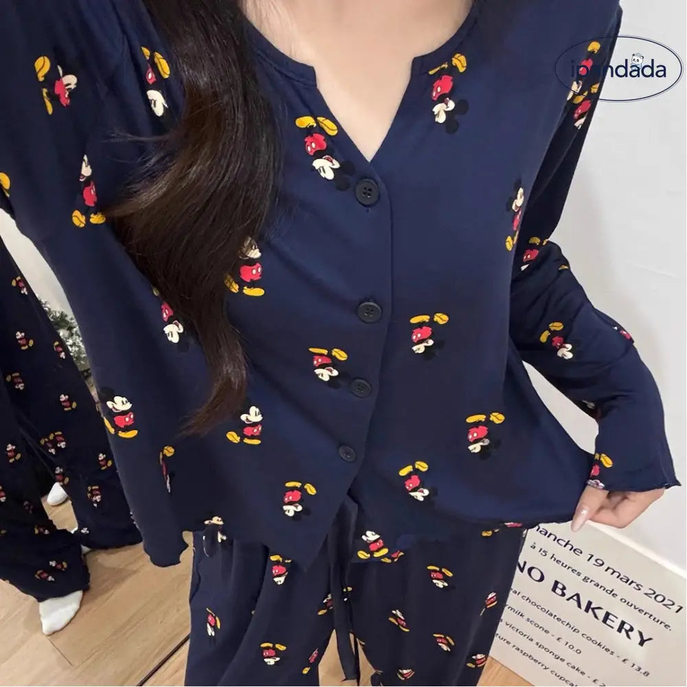 ミッキー プリント Vネック カーディガン パジャマ セット 春秋 長袖 長ズボン ルームウェア ティーン 少女 2点セット かわいい ID4035