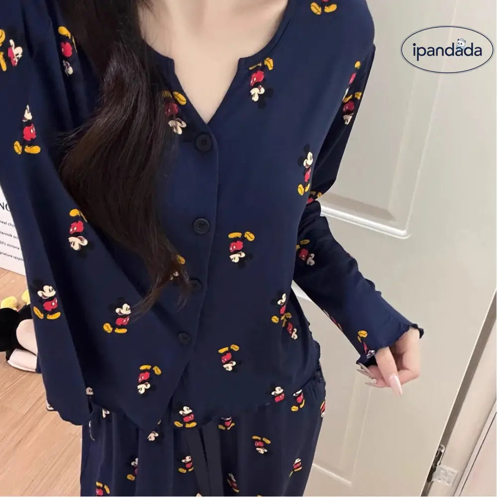 ミッキー プリント Vネック カーディガン パジャマ セット 春秋 長袖 長ズボン ルームウェア ティーン 少女 2点セット かわいい ID4035