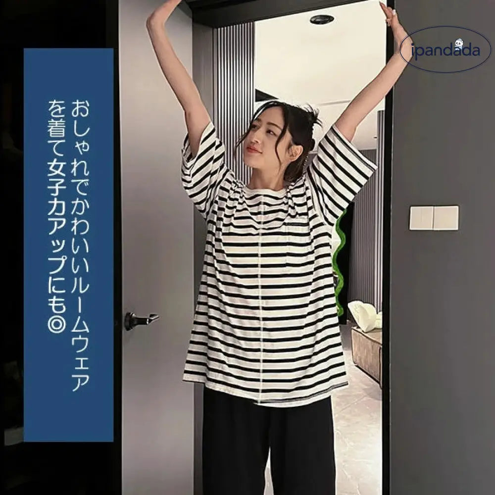 敏感肌に最適！パジャマ ルームウェア 半袖 レディース メンズ 男女兼用 綿 天竺ニット おしゃれ ボーダー 上下セット ペアセット シャツ   リラックス 肌に優しい 綿100 部屋着 吸汗 通気 春用 夏用 秋用 ID1948
