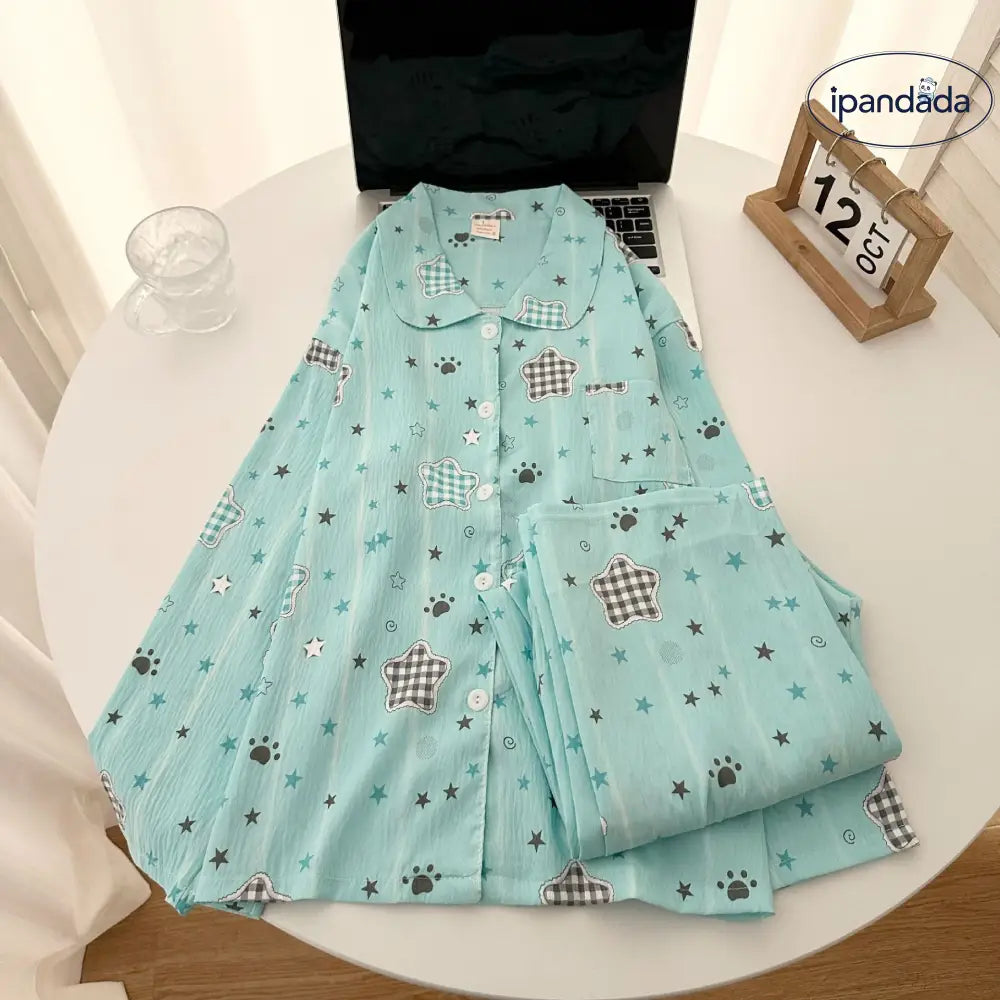 ミント パジャマ レディース 春秋用 コットン 長袖 長ズボン 可愛い カートゥーン ルームウェア セット ID4495