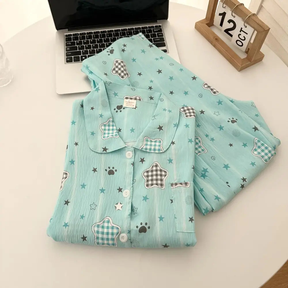 ミント パジャマ レディース 春秋用 コットン 長袖 長ズボン 可愛い カートゥーン ルームウェア セット ID4495 ミント / M