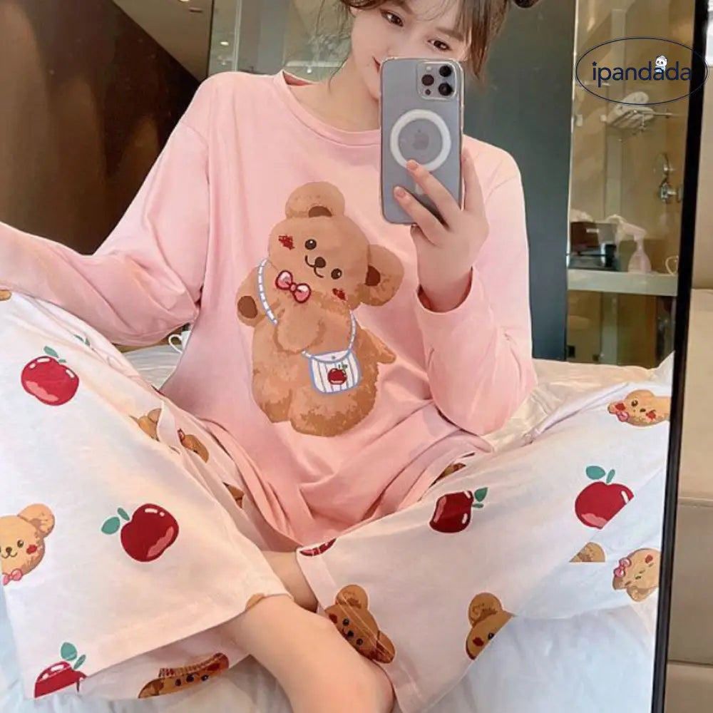 モダール インスタ 人気 新作 キャラクター くま パジャマ レディース  長袖 パンツ ラウンドネック ゆったり ホームウェア セットアップ おしゃれ  軽やか 着心地 ナチュラル ルームウェア 自宅用 2545