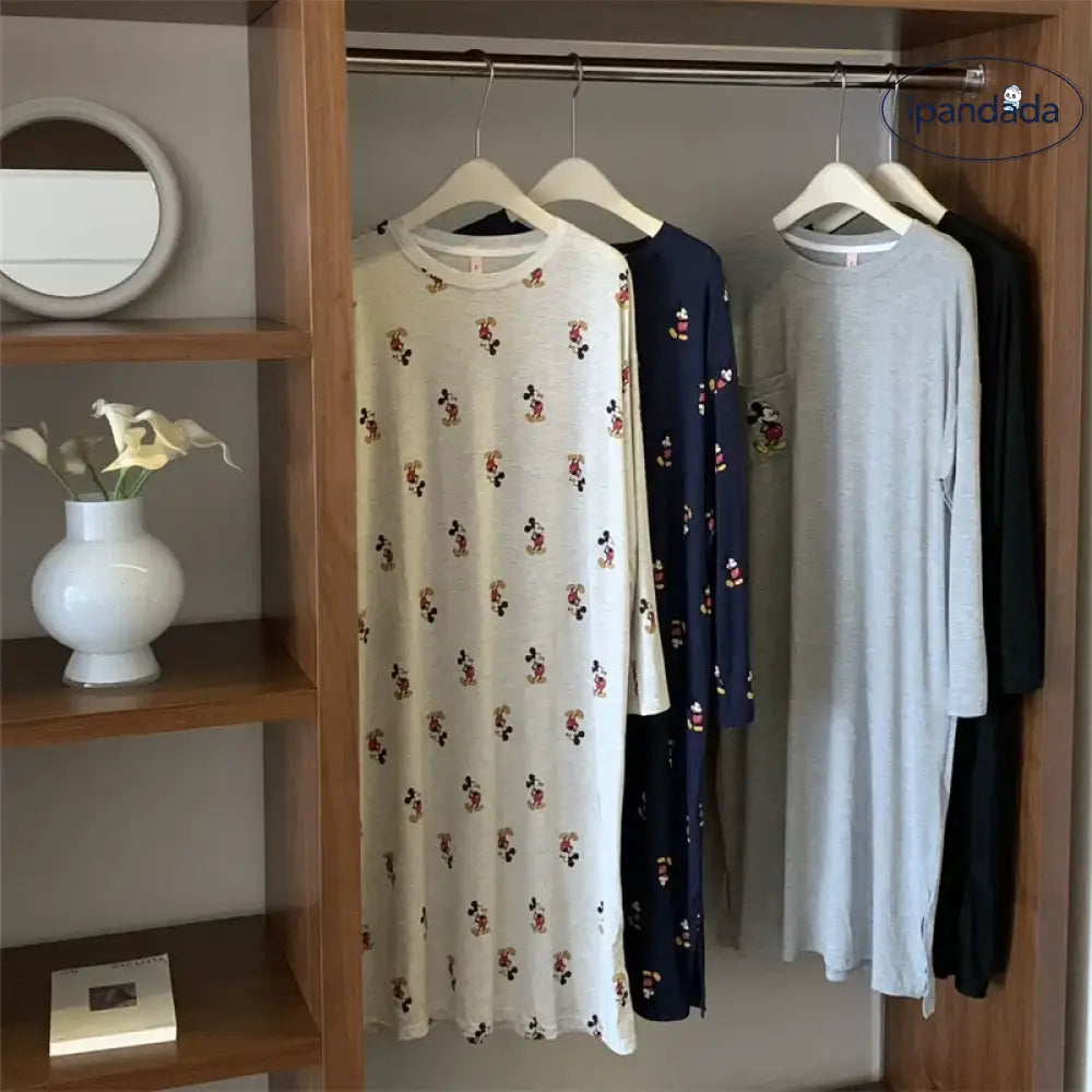 モダール ミッキー プリント ナイトガウン 春秋 長袖 ミディ丈 ルームウェア 大きいサイズ 肌ざわり最高 ゆったり かわいい ID4040