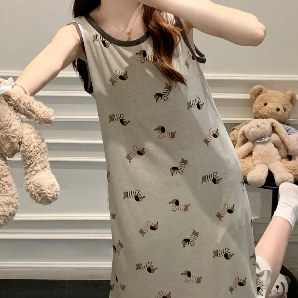 ID1309 モダール ノンスリーブワンピース 犬プリント 夏用 ゆったり おしゃれ 部屋着・ちょっとした外出に 吸汗速乾 レディース＞ワンピース