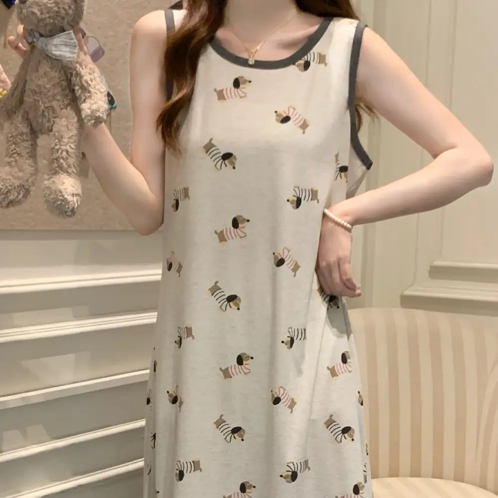 ID1309 モダール ノンスリーブワンピース 犬プリント 夏用 ゆったり おしゃれ 部屋着・ちょっとした外出に 吸汗速乾 レディース＞ワンピース