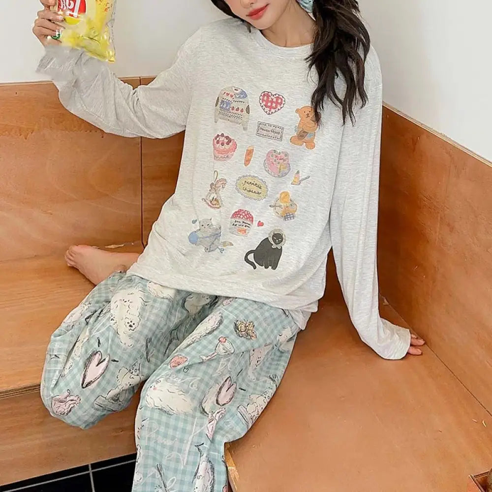モダール パジャマ 3点セット ヘアゴム付き  レディース かわいい 猫 秋 ラウンドネック 長袖 パンツ ホームウェア 外出可 セットアップ ゆったり 快適 吸汗 通気性 おしゃれ 薄手 軽やか 着心地 シンプル ナチュラル ルームウェア 自宅用 レディース用 柔らかい ID2207