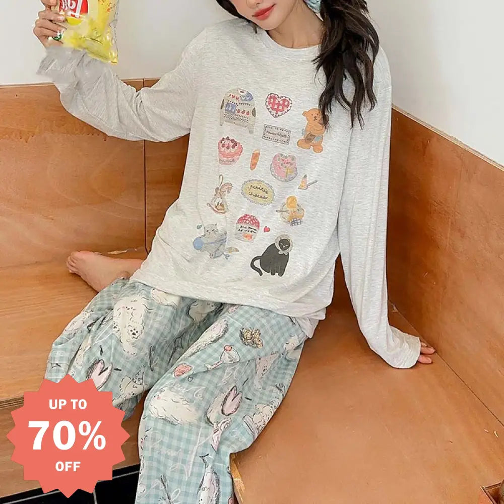 モダール パジャマ 3点セット ヘアゴム付き  レディース かわいい 猫 秋 ラウンドネック 長袖 パンツ ホームウェア 外出可 セットアップ ゆったり 快適 吸汗 通気性 おしゃれ 薄手 軽やか 着心地 シンプル ナチュラル ルームウェア 自宅用 レディース用 柔らかい ID2207
