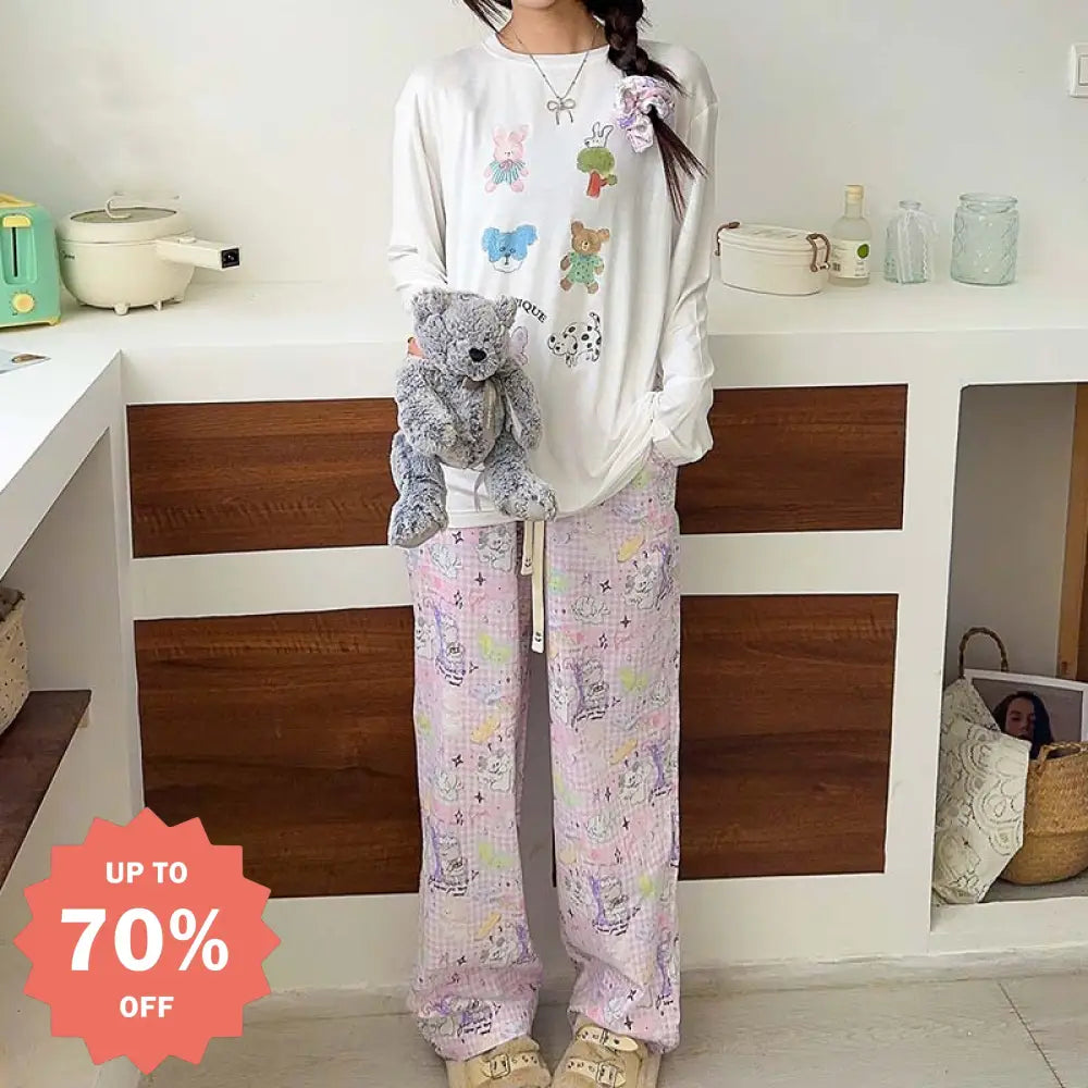モダール パジャマ 3点セット ヘアゴム付き レディース ピンク うさぎ カジュアル ラウンドネック 長袖 パンツ 秋 ホームウェア セットアップ 外出可 快適 吸汗 通気性 おしゃれ 薄手 軽やか 着心地 ナチュラル ルームウェア 自宅用 柔らかい ID2210