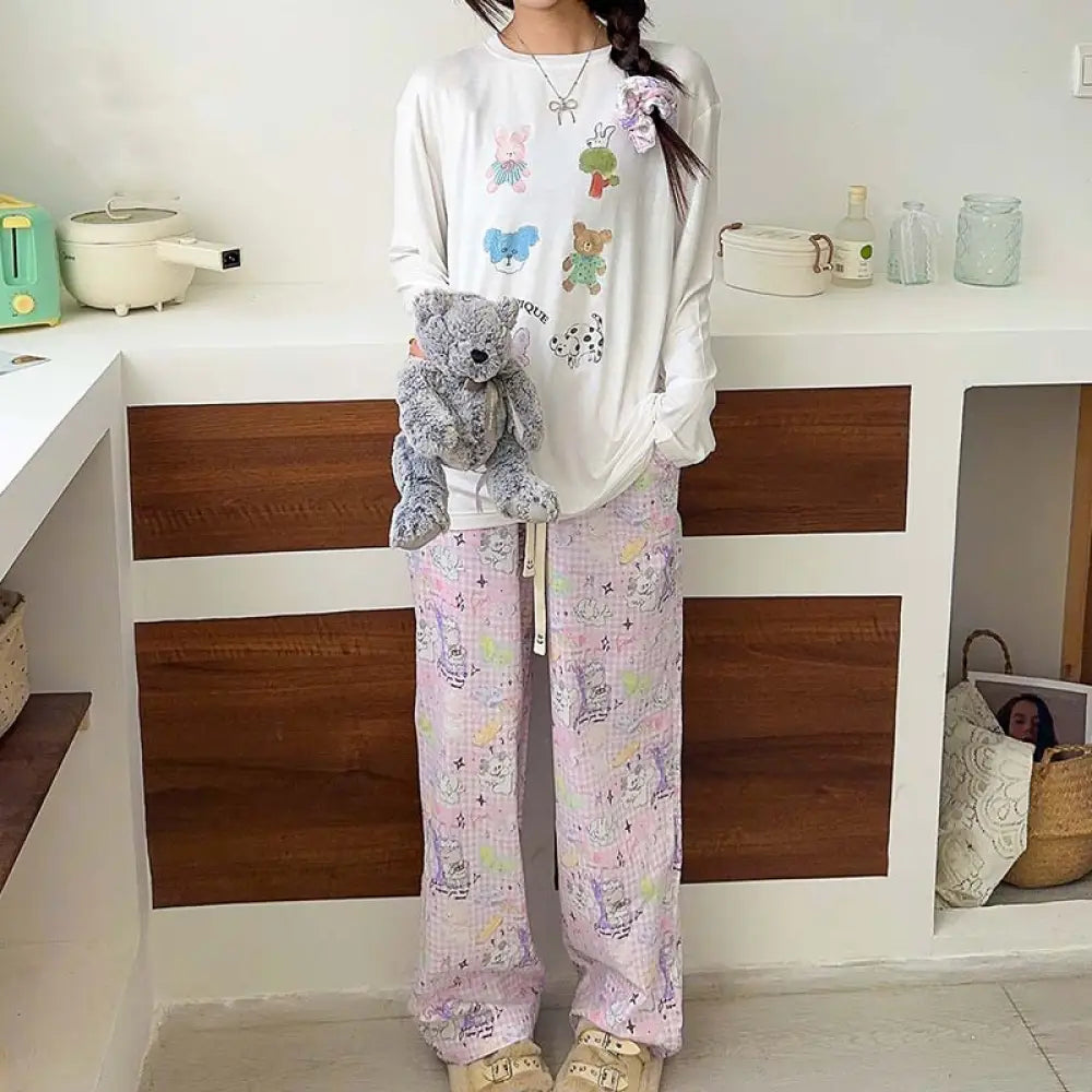 モダール パジャマ 3点セット ヘアゴム付き レディース ピンク うさぎ カジュアル ラウンドネック 長袖 パンツ 秋 ホームウェア セットアップ 外出可 快適 吸汗 通気性 おしゃれ 薄手 軽やか 着心地 ナチュラル ルームウェア 自宅用 柔らかい ID2210