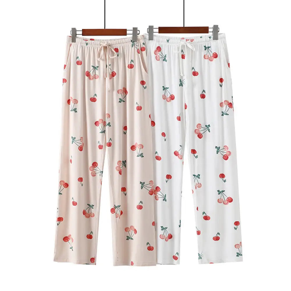 モダール パジャマ チェリープリント 薄手 レディース ルームウェアパンツ ストレッチ スイート 寝パン  夏秋用 ロングパンツ ID1937