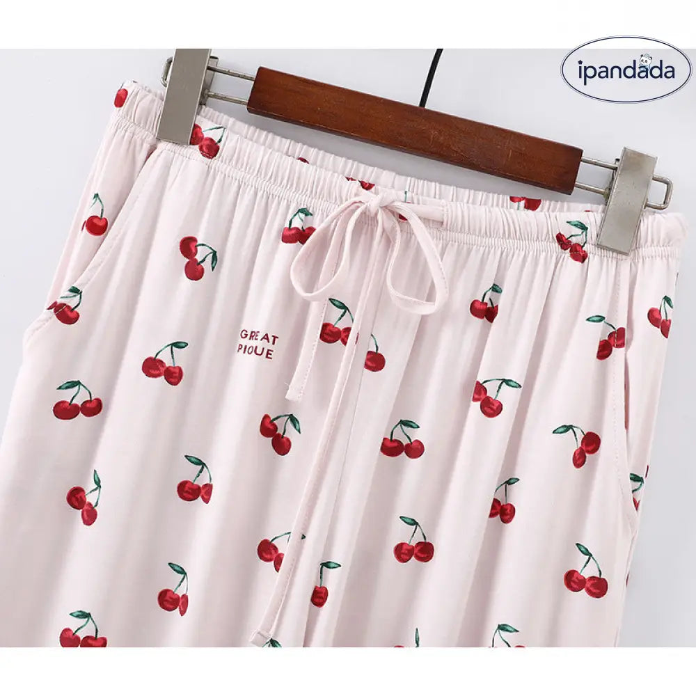 ID662 モダール パジャマ レディース 夏 薄手 チェリー プリント キュート 半袖 ロングパンツ セット ルームウェア ゆったり おしゃれ 吸汗速乾 レディース＞セットアップ