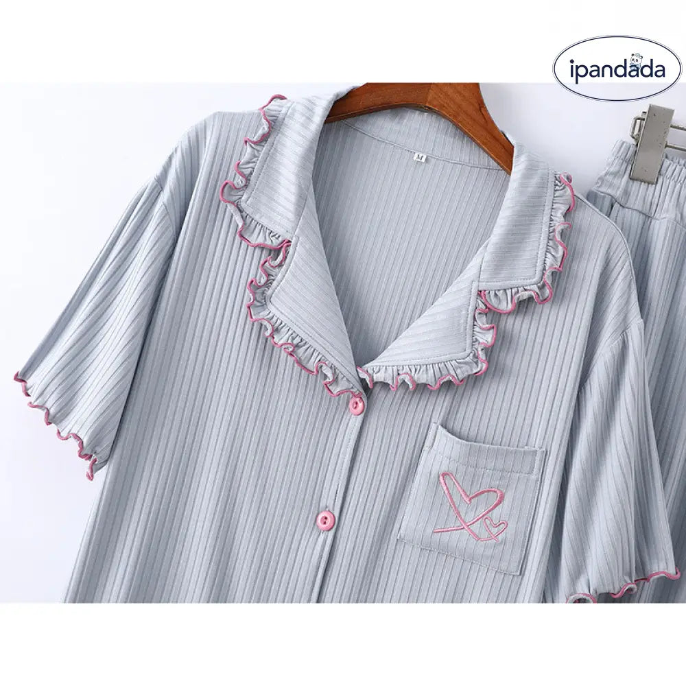 ID1375 モダール パジャマセット レディース 半袖トップ＆ロングパンツ ダブルハート刺繍 オープンカラー 涼感 快適 ルームウェア