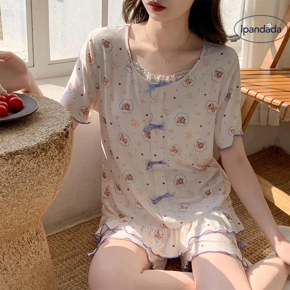ID1647 モダール パジャマセット 夏 半袖 ショートパンツ 薄手 パッド付き キャラクター ルームウェア 外出着可 涼感 吸汗速乾 通気性