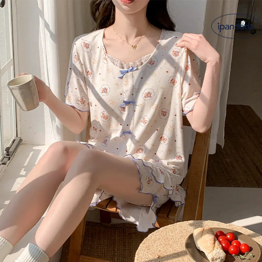 ID1647 モダール パジャマセット 夏 半袖 ショートパンツ 薄手 パッド付き キャラクター ルームウェア 外出着可 涼感 吸汗速乾 通気性