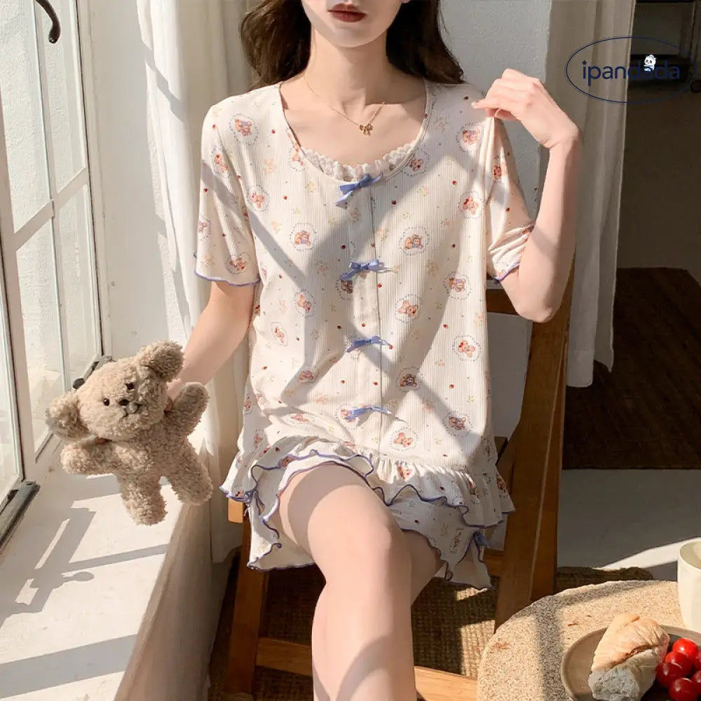 ID1647 モダール パジャマセット 夏 半袖 ショートパンツ 薄手 パッド付き キャラクター ルームウェア 外出着可 涼感 吸汗速乾 通気性