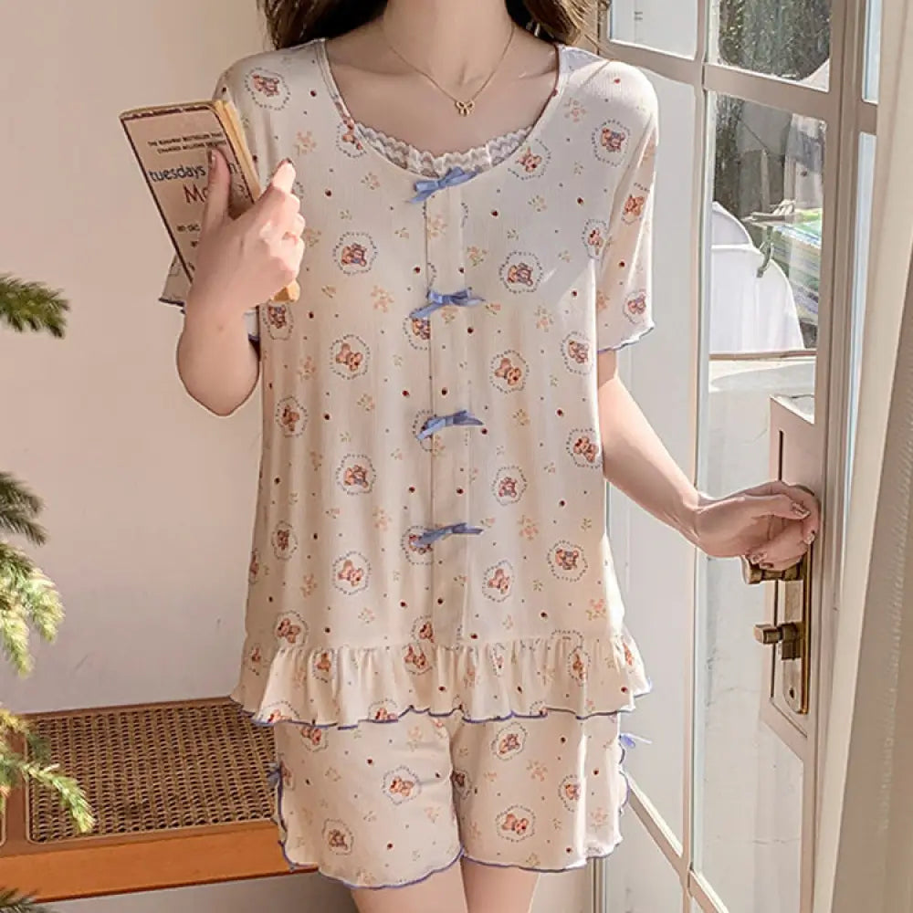 ID1647 モダール パジャマセット 夏 半袖 ショートパンツ 薄手 パッド付き キャラクター ルームウェア 外出着可 涼感 吸汗速乾 通気性
