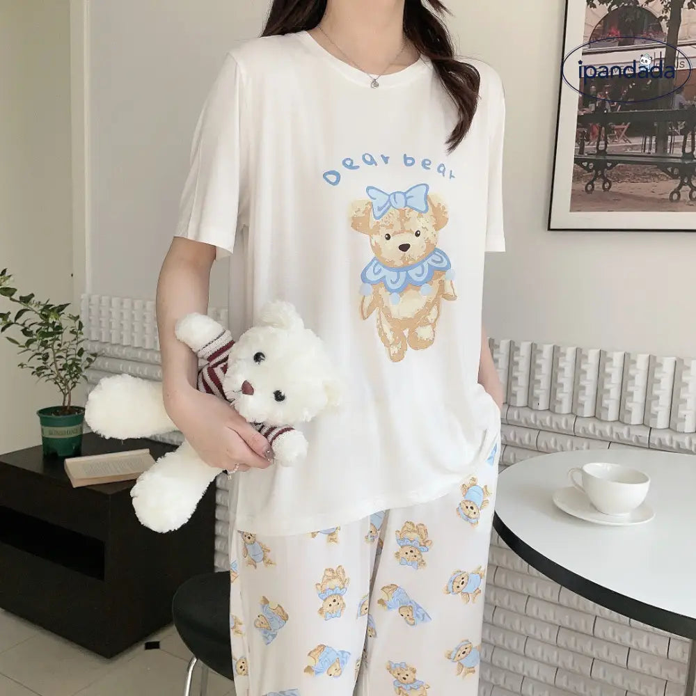 ID1515 モダールコットン かわいいくまさん カジュアル パジャマ ラウンドネック 半袖 ガールズホームウェア