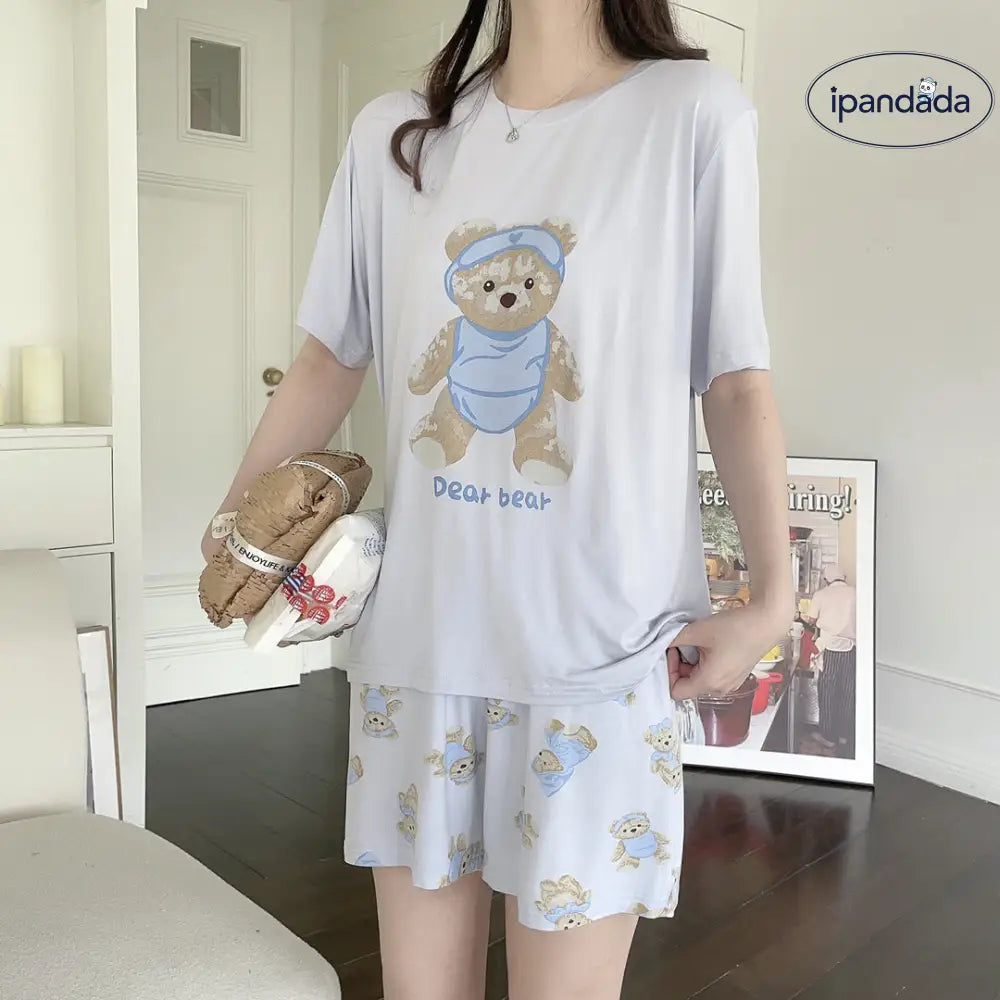 ID1515 モダールコットン かわいいくまさん カジュアル パジャマ ラウンドネック 半袖 ガールズホームウェア