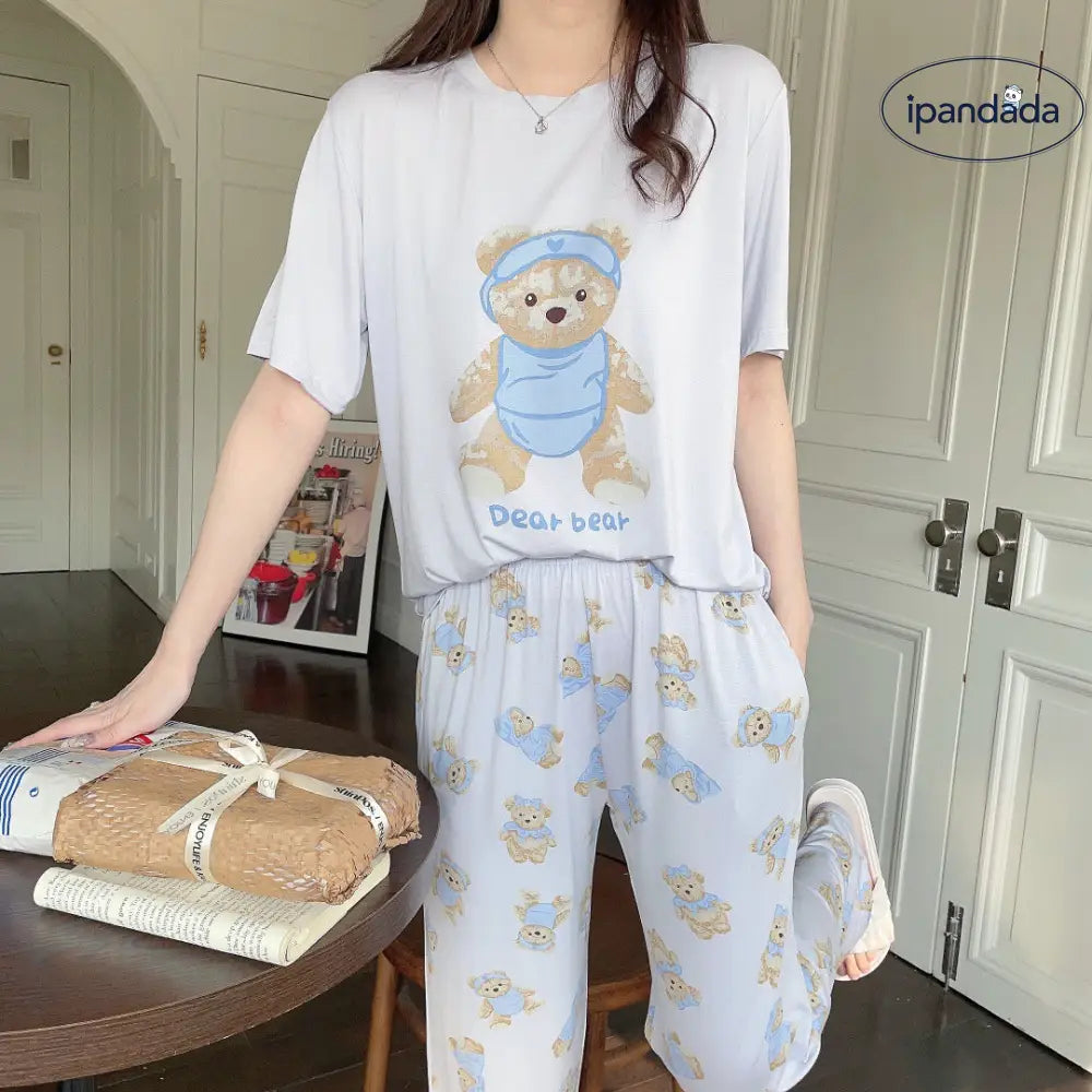 ID1515 モダールコットン かわいいくまさん カジュアル パジャマ ラウンドネック 半袖 ガールズホームウェア