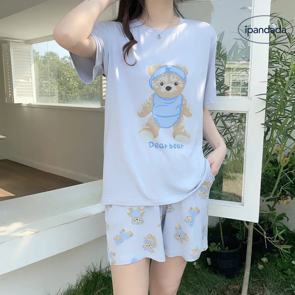 ID1515 モダールコットン かわいいくまさん カジュアル パジャマ ラウンドネック 半袖 ガールズホームウェア