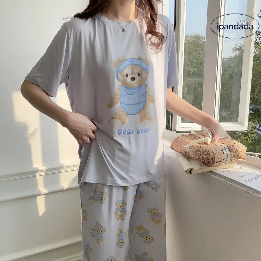 ID1515 モダールコットン かわいいくまさん カジュアル パジャマ ラウンドネック 半袖 ガールズホームウェア