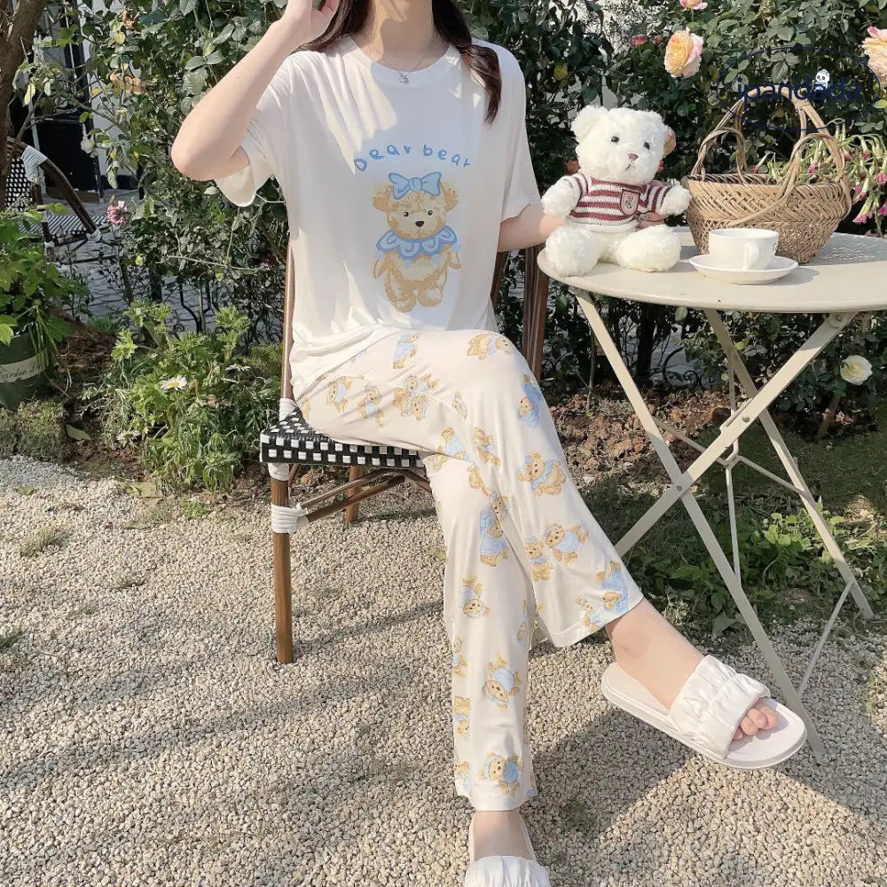 ID1515 モダールコットン かわいいくまさん カジュアル パジャマ ラウンドネック 半袖 ガールズホームウェア